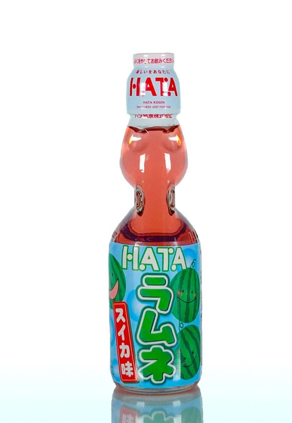 Bottle of Hata Ramune with watermelon flavor on a white background