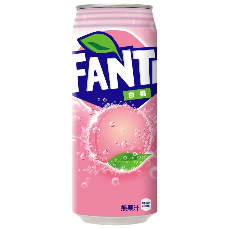 Pink can of Fanta with a green leaf logo on a white background