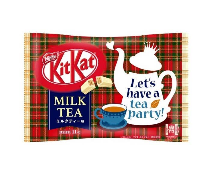 KitKat Milk Tea packaging with plaid design and tea-themed graphics on a white background