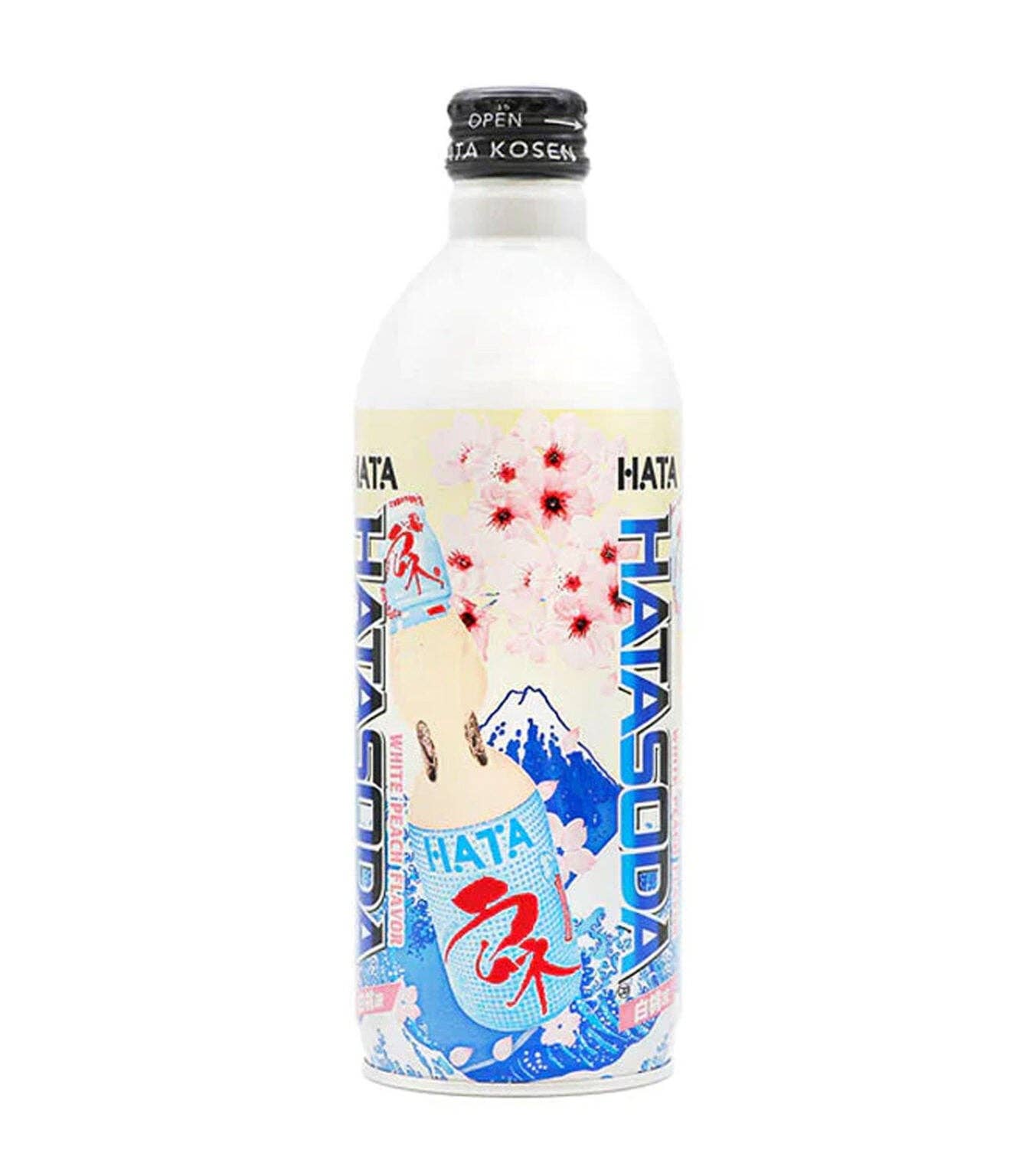 Hata Soda bottle with cherry blossoms and Mount Fuji design on a white background