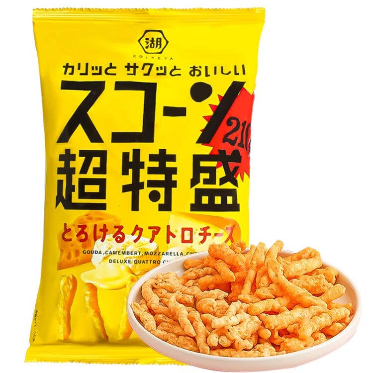 Yellow snack package with Japanese text and a bowl of snacks on a white background